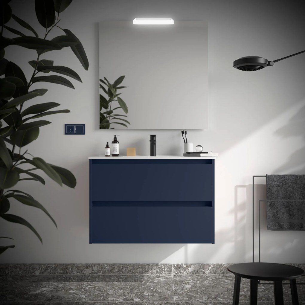 Muebles Project badmeubel 90cm met 2 lades en wastafel donkerblauw
