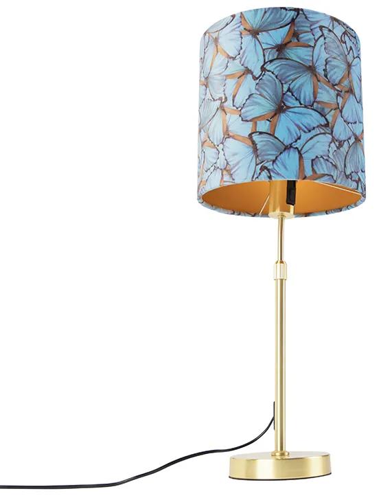 Stoffen Tafellamp goud/messing met velours kap vlinders 25 cm - Parte Klassiek / Antiek E27 cilinder / rond rond Binnenverlichting Lamp