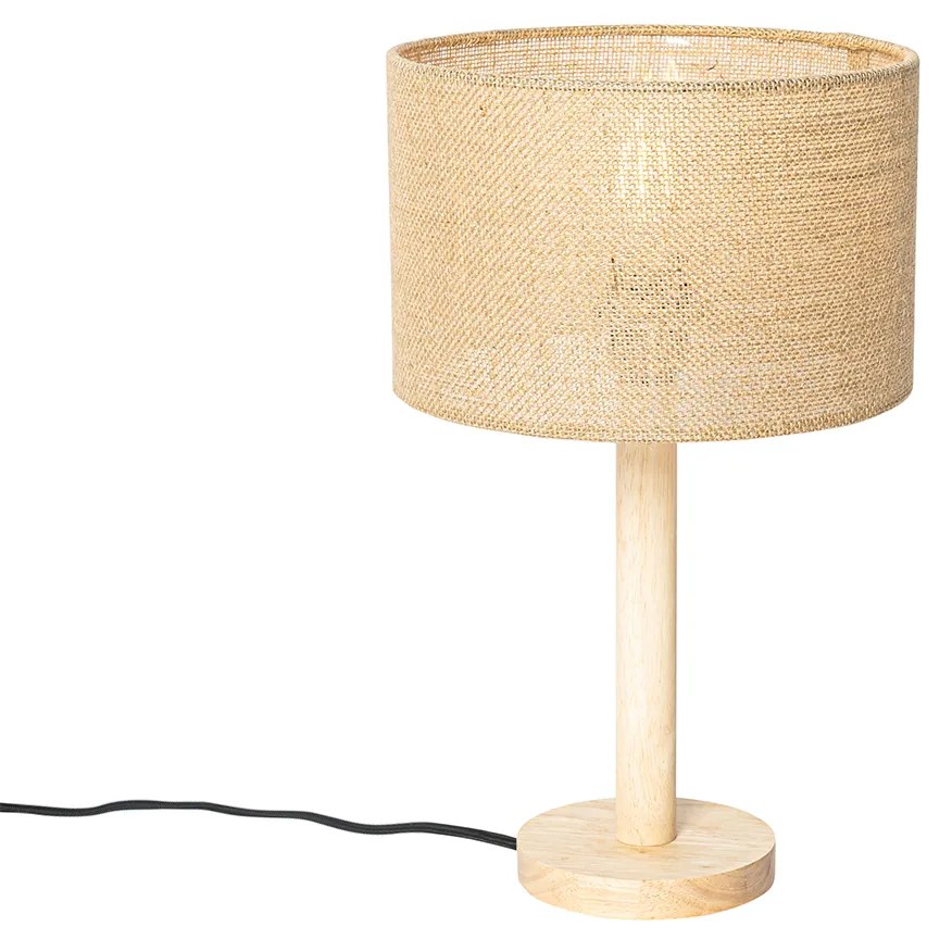 Landelijke tafellamp hout met linnen kap naturel 25 cm - Mels
