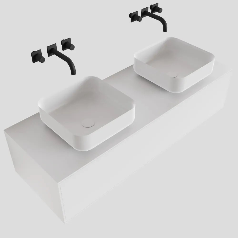 Zaro Lagom volledig naadloos solid surface onderkast met topblad 130cm mat wit met 1 lades Push tot open. Compleet met solid surface opzetkom met 0 kraangat(en)