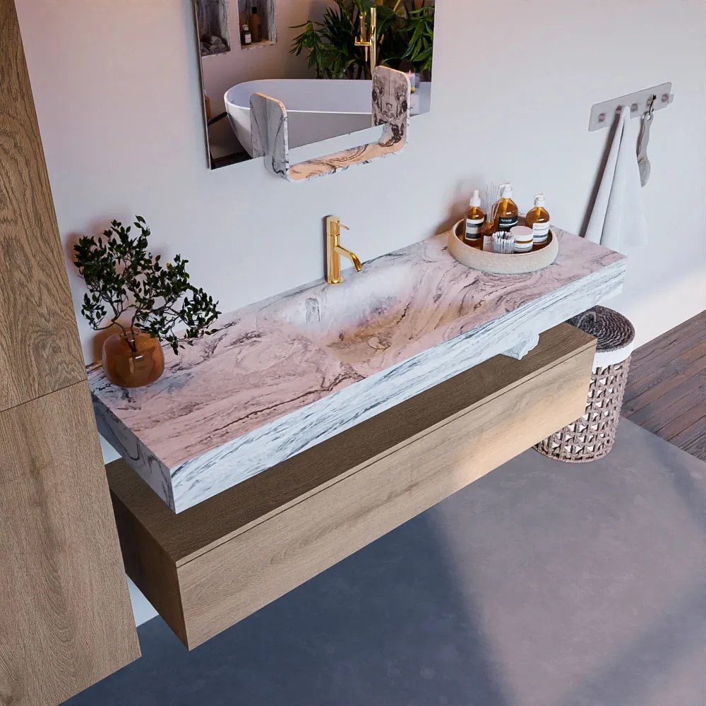 Mondiaz Alan DLux badmeubel 150cm washed oak 1 lade met wastafel glace midden 1 kraangat