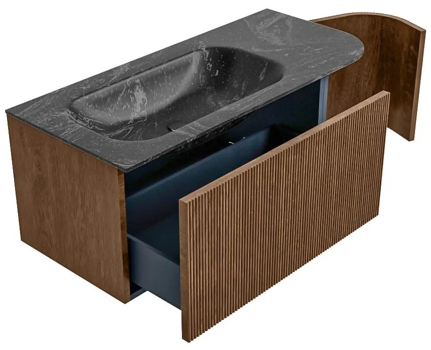 Mondiaz Kurve-dlux 105cm badmeubel ronding rechts walnut met 1 lade en deur en wastafel big small links zonder kraangat lava