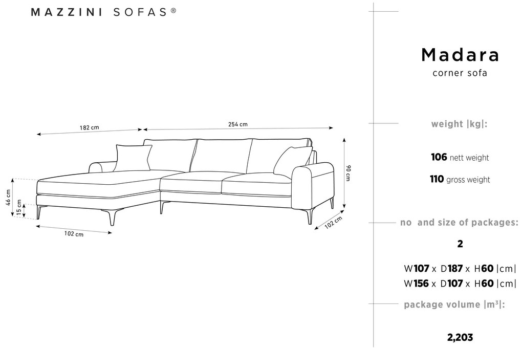 4.5-zitshoekbank Madara links velvet | Mazzini Sofas