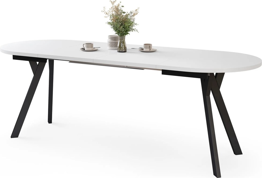 Mazzoni ALMO Wit mat / zwarte poten - OVALE UITSCHUIFTAFEL 120-220 cm VOOR 10-12 PERSONEN