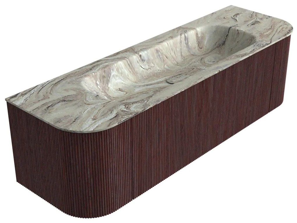 Mondiaz Kurve-dlux 150cm badmeubel ronding links/rechts ruby met 1 lade en 2 deuren en wastafel big medium midden zonder kraangat glace