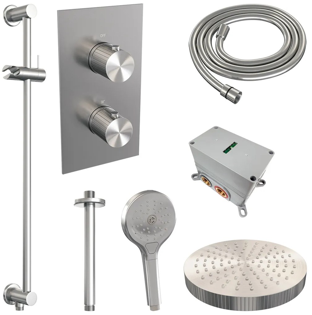 Brauer Stripe inbouw regendouche met 25cm hoofddouche, met plafondarm, glijstang en 3 standen handdouche set 24 RVS geborsteld PVD