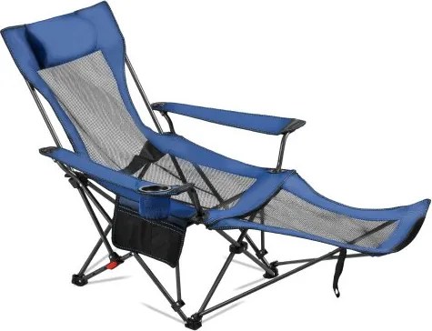 VEVOR Opvouwbare Kampeerstoel, Relaxstoel met 4 Verstelbare Posities, Relaxstoel met Bekerhouder, Mesh Strandstoel met Hoofdsteun en Voetensteun, Draagvermogen 100 kg, voor Kamperen in de Buitenlucht, Blauw
