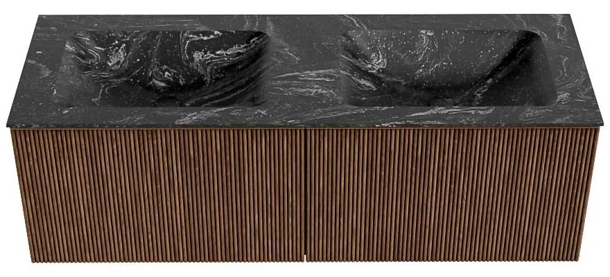 Mondiaz Kurve-dlux 130cm badmeubel walnut met 2 lades en wastafel leaf dubbel 2 kraangaten lava