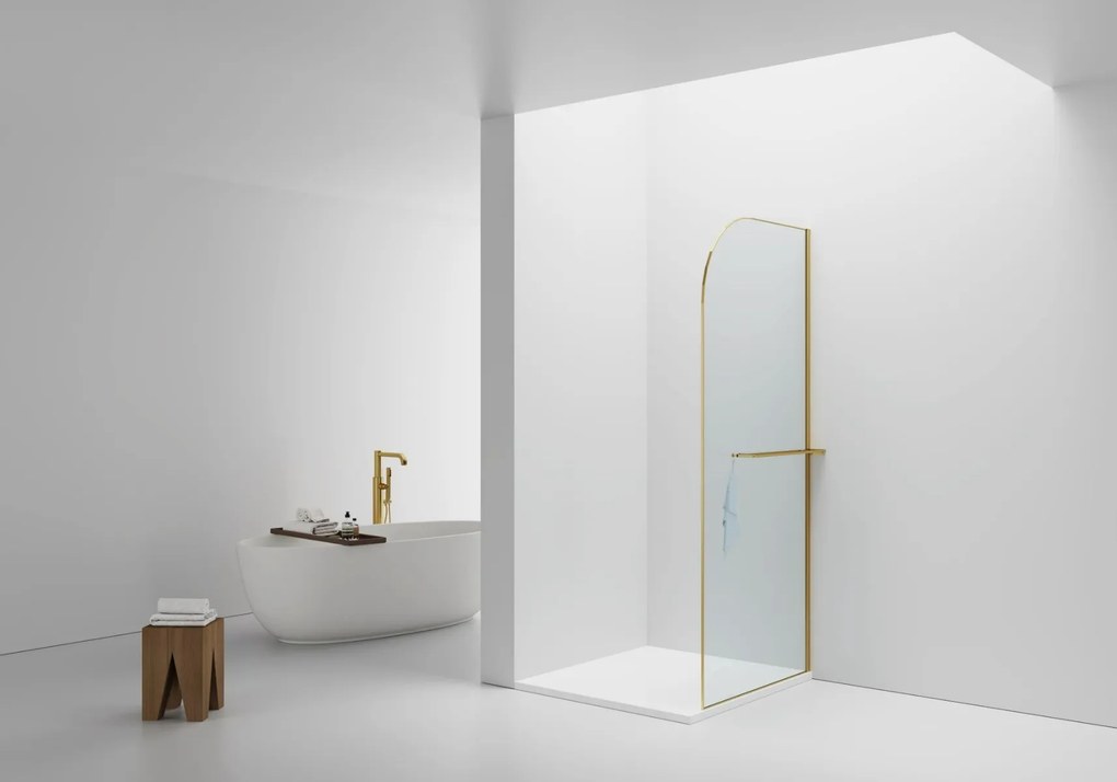 Sanigoods Curvea inloopdouche met handdoekhouder geborsteld goud 100x200cm