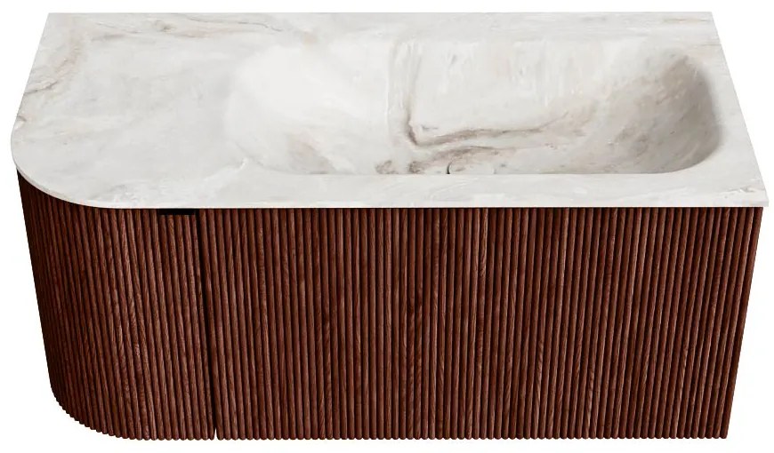 Mondiaz Kurve-dlux 95cm badmeubel ronding links ruby met 1 lade en deur en wastafel big small rechts zonder kraangat frappe