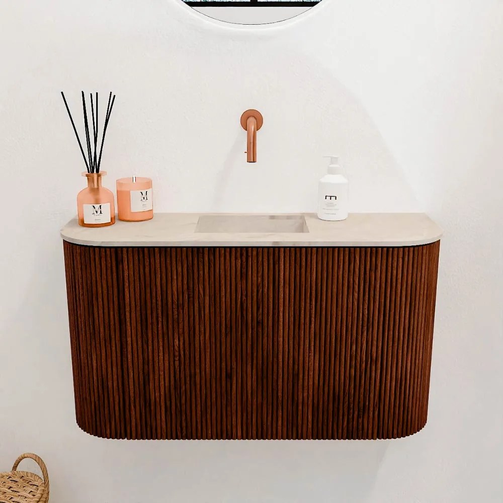 Mondiaz Joya DLux 75cm toiletmeubel ronding links/rechts ruby met wastafel faye midden zonder kraangat frappe