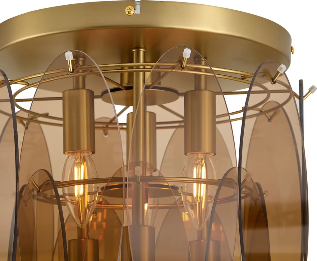 Art Deco plafondlamp goud met amber glas ovaal 6-lichts - Mochan