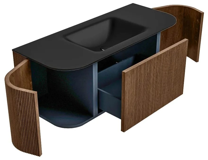 Mondiaz Kurve 110cm badmeubel ronding links/rechts walnut met 1 lade en 2 deuren en wastafel cloud midden zonder kraangat urban