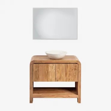 Vacry Acaciahouten Badkamermeubelset Acacia Bruin & Rond Cement Wit Ø40 Cm Zavion & Rechthoekige Led En Anticondens 100x70 Cm Riben & Zonder Kraan -