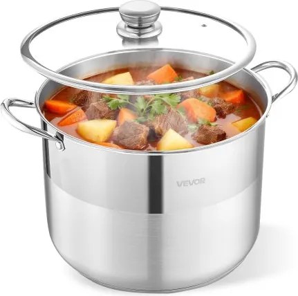 VEVOR roestvrijstalen steelpan 15,1 liter, grote soeppan met glazen deksel, geschikt voor inductiekookplaten, hoogwaardige pastapan, PFOA-vrij, PFAS-vrij, voor gas- en elektrische kookplaten, ideaal voor stoofschotels, pasta en grote porties voor het hele