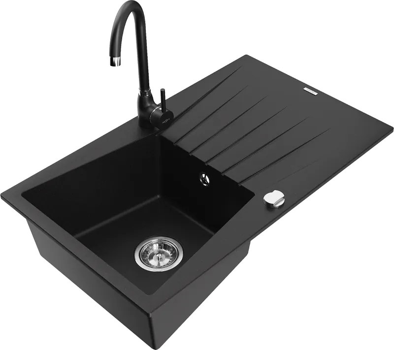 Mexen Cesar granieten gootsteen 1-komors met afdruiprek en keukenmengkraan Telma, zwart - 6514-77-670200-70