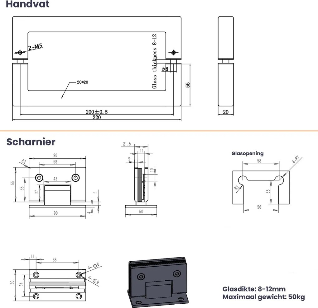 Saniclear Modern scharnieren + handvat voor douchedeur geborsteld koper