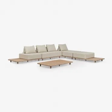 Woonkamerset Met 4-delige Modulaire Chaise Longuebank Met Bijzettafel En Salontafel 160x95 Cm In Portet Acacia Gardenia Wit - Sklum