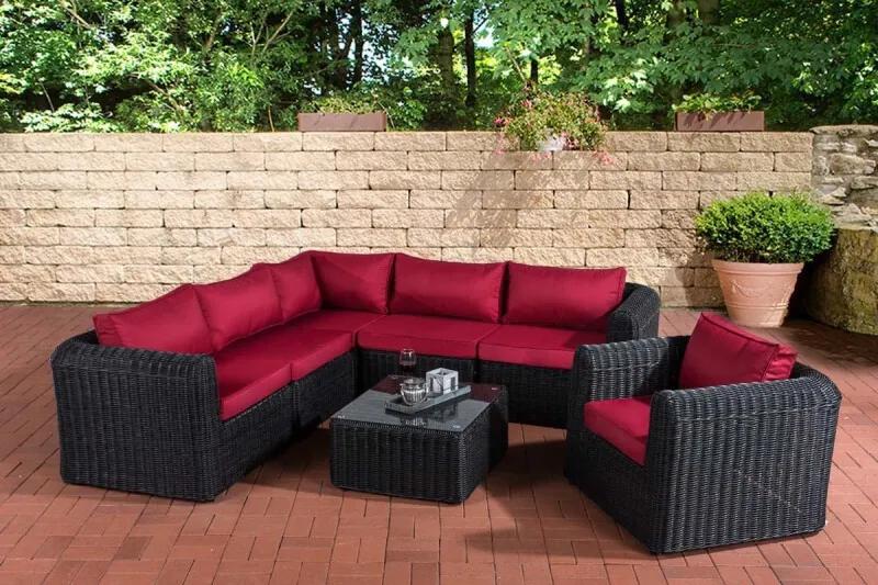 Poly-rotan Wicker lounge tuin zitgroep MARBELLA, hoekbank, zetel, tafel 70 x 60 cm, kussens - kleur van rotan: zwart kleur hoes : robijnrood