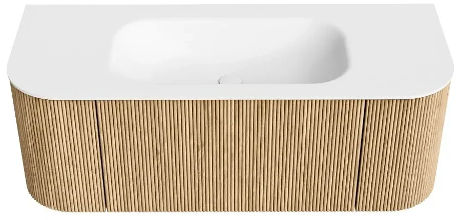 Mondiaz Kurve 120cm badmeubel ronding links/rechts oak met 1 lade en 2 deuren en wastafel big small midden zonder kraangat