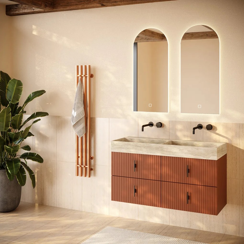Muebles Murcia badmeubel ribbelfront 120cm terracotta met White Travertin wastafel zonder kraangaten