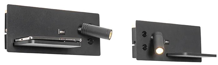 Set van 2 wandlamp zwart incl. LED met USB en inductielader - Riza