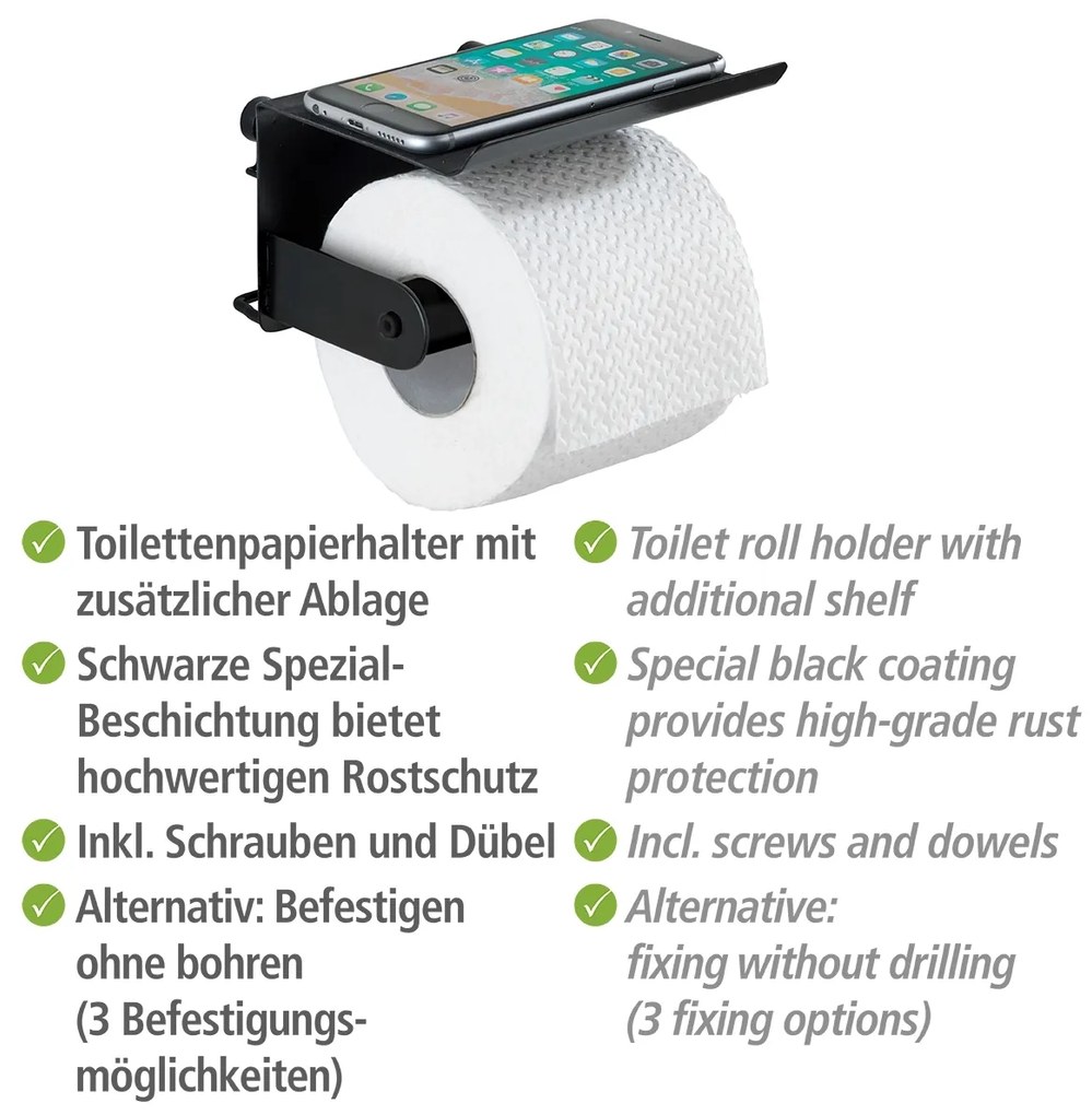 Wenko Classic Plus toiletrolhouder met planchet zwart