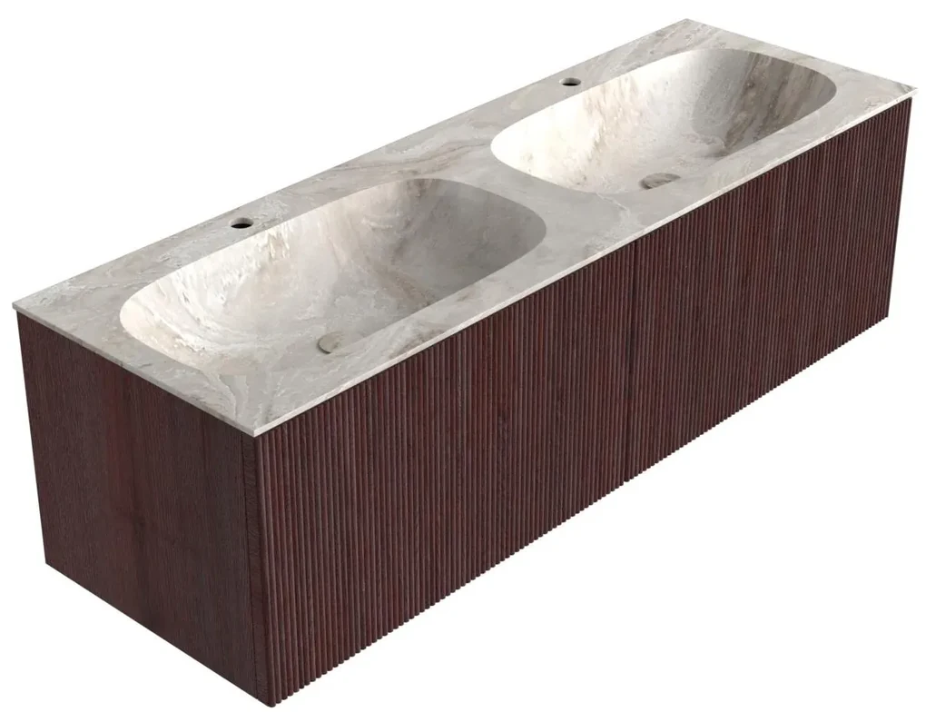 Mondiaz Kurve-dlux 140cm badmeubel ruby met 2 lades en wastafel stor small dubbel 2 kraangaten frappe