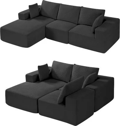 VEVOR Modulaire Sofa L-vormige Hoekbank met Hoogwaardig Veerkrachtig Schuim en Hoogwaardig Gestoffeerde Corduroy Bank (Laadvermogen 545 kg / 265 cm Lang) met Kussens voor Woonkamer Appartement Zwart