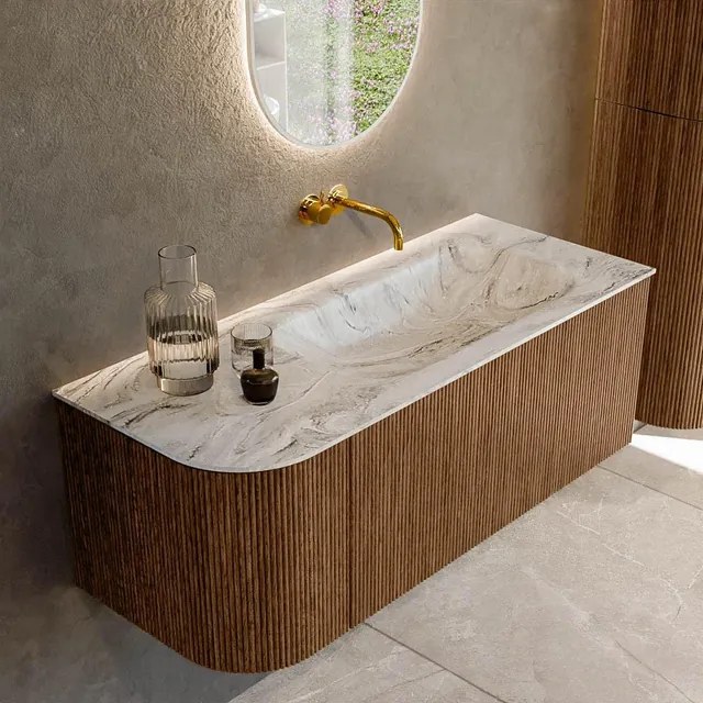 MONDIAZ KURVE-DLUX 115cm badmeubel met module 25 L kleur Walnut met 1 lade en 1 deur. Wastafel BIG SMALL rechts zonder kraangat kleur Glace. KRVBGS115L1L1D0KR-Wal/Gla