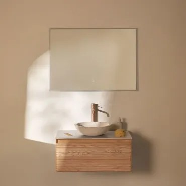 Tedrik Zwevend Badkamermeubelset 80x50 Cm In Essenhout Ash Brown & Rond Cement Wit Ø40 Cm Zavion & Rechthoekige Led En Anticondens 100x70 Cm Riben -