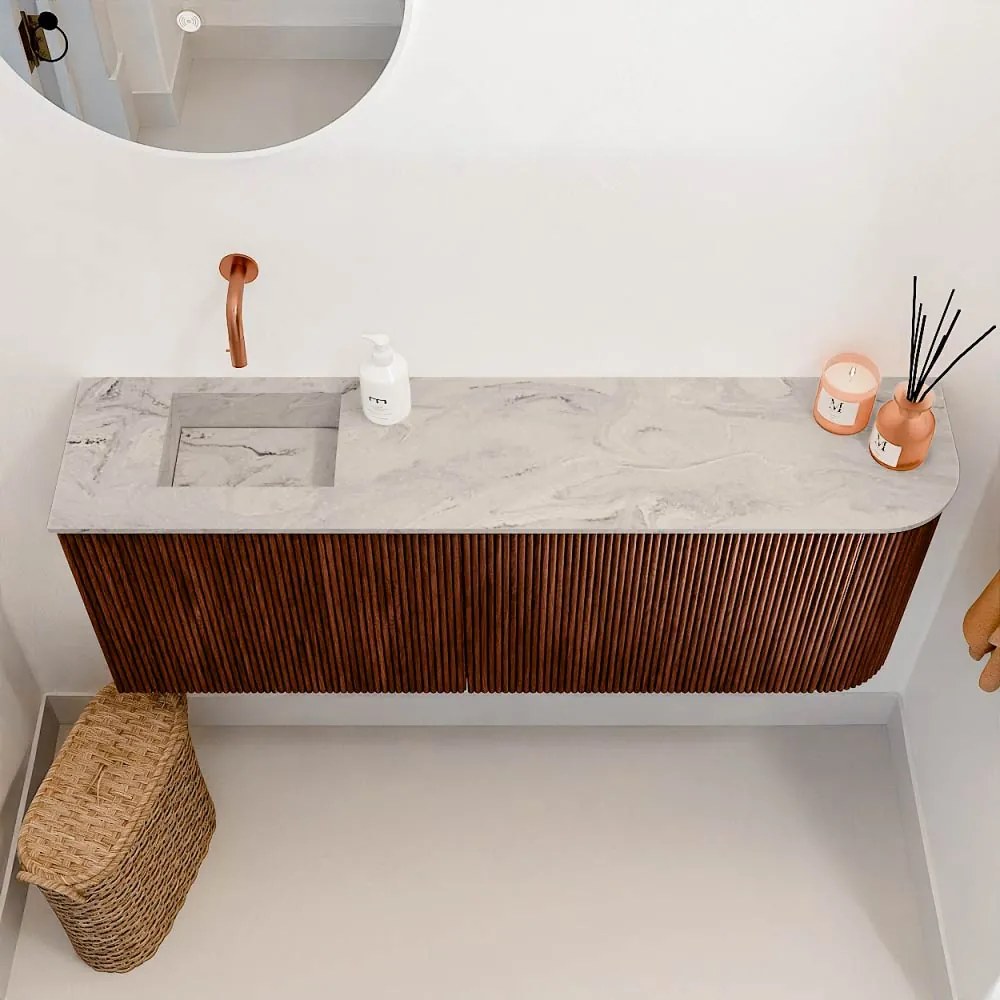 Mondiaz Joya DLux 110cm toiletmeubel ronding rechts ruby met wastafel faye links zonder kraangat glace