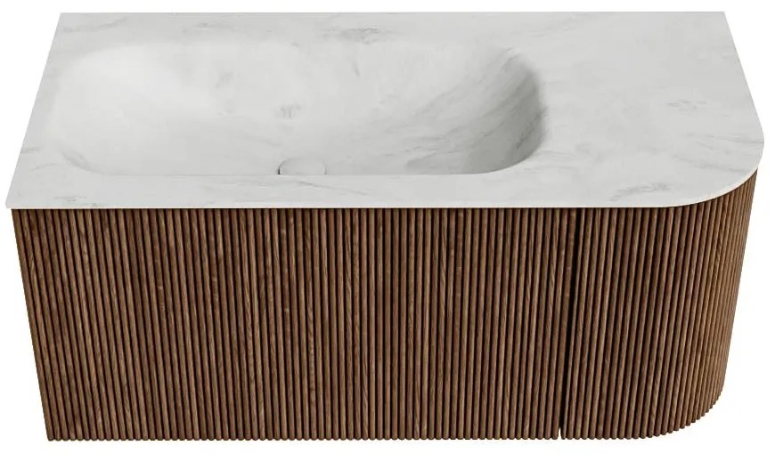 Mondiaz Kurve-dlux 95cm badmeubel ronding rechts walnut met 1 lade en deur en wastafel big small kraangat links opalo