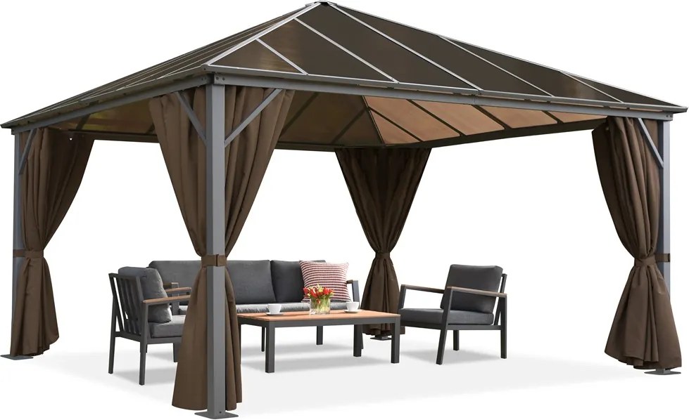 Milos tuinhuisje 4x4m met muggennet en bruine gordijnen Tuinpunt