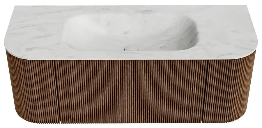 Mondiaz Kurve-dlux 120cm badmeubel ronding links/rechts walnut met 1 lade en 2 deuren en wastafel big small midden 1 kraangat opalo
