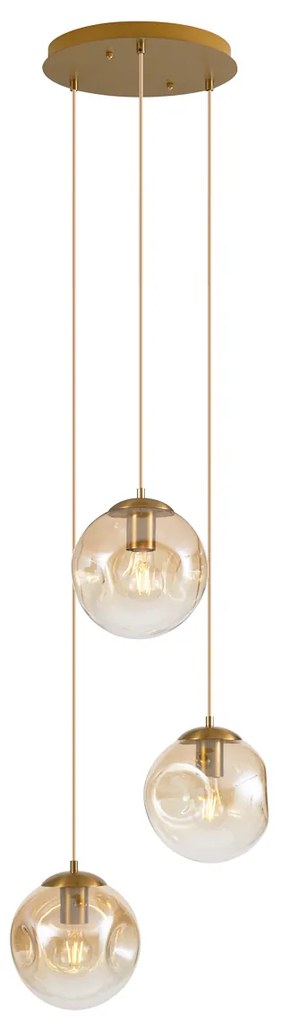 Art Deco hanglamp messing met amber glas 3-lichts - Douglass Art Deco E27 bol / globe / rond Binnenverlichting Lamp