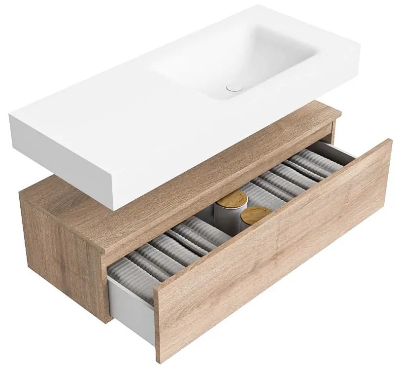 Zaro Alan badmeubel 110cm washed oak 1 lade met vrijhangende wastafel cloud rechts zonder kraangat talc