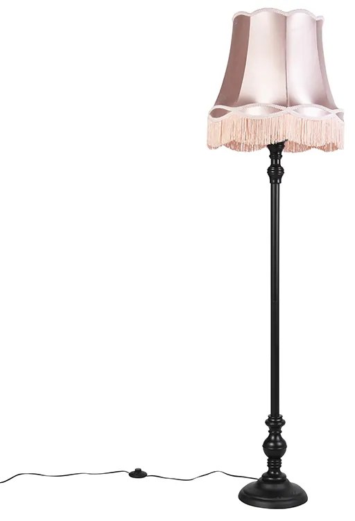 Vloerlamp zwart met Granny kap roze - Classico