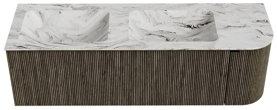 Mondiaz Kurve-dlux 145cm badmeubel ronding rechts shadow met 1 lade en deur en wastafel leaf dubbel/links 2 kraangaten glace