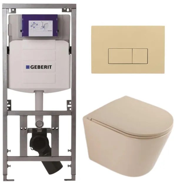 QeramiQ Dely Toiletset - 36.3x51.7cm - diepspoel - rimless - Geberit UP320 inbouwreservoir - softclose toilet zitting - bedieningsplaat beige - rechthoekige knoppen - mat beige SW1000764/SW1000770/0701131/SW1102366
