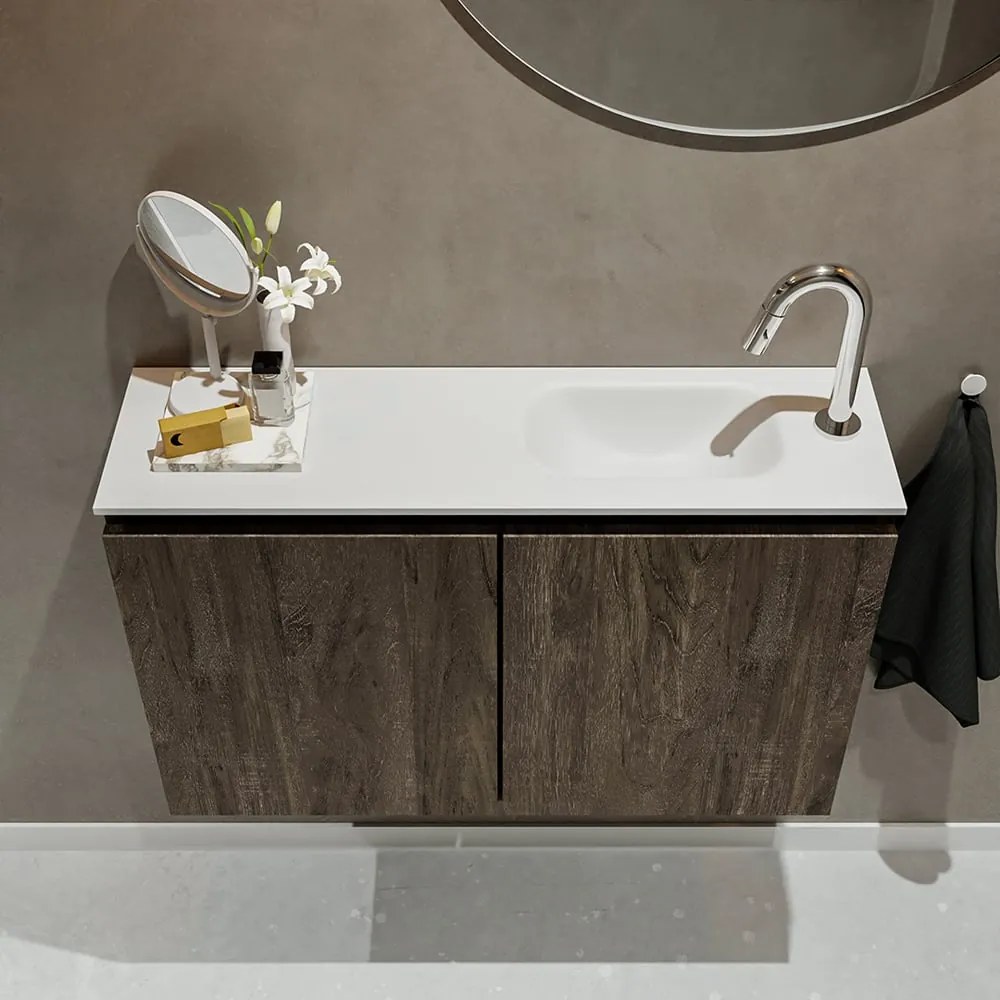 Mondiaz Ture 80cm toiletmeubel dark brown met wastafel talc rechts 1 kraangat