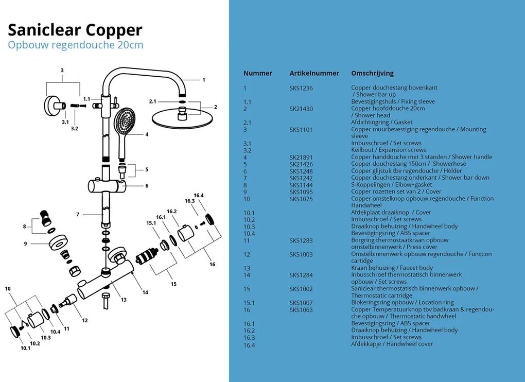 Saniclear Copper opbouw regendouche 20cm met thermostaatkraan en 3 standen handdouche koperkleurig