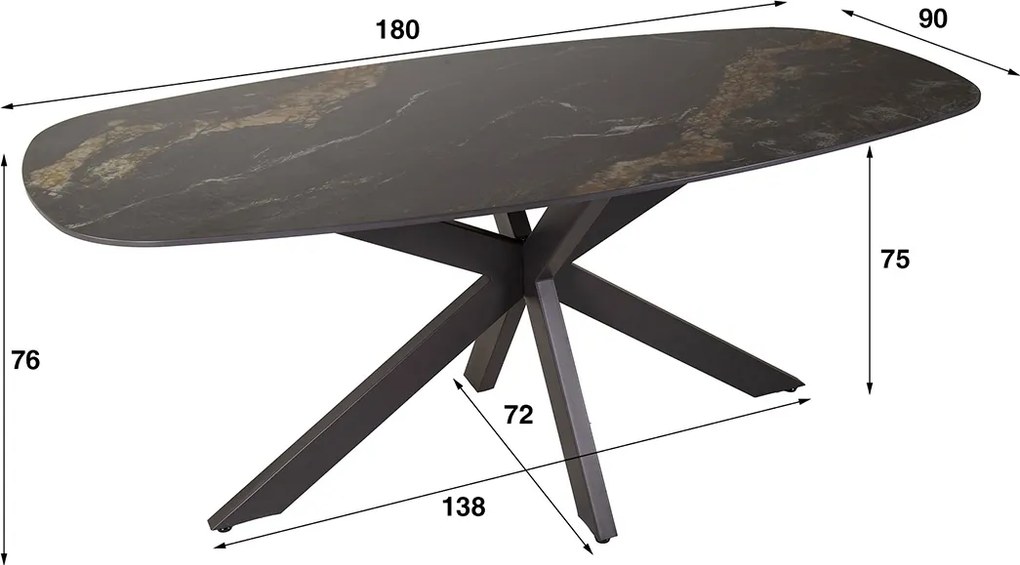 Ovale Eettafel Marmerlook Zwart Goud - 180 X 90cm.