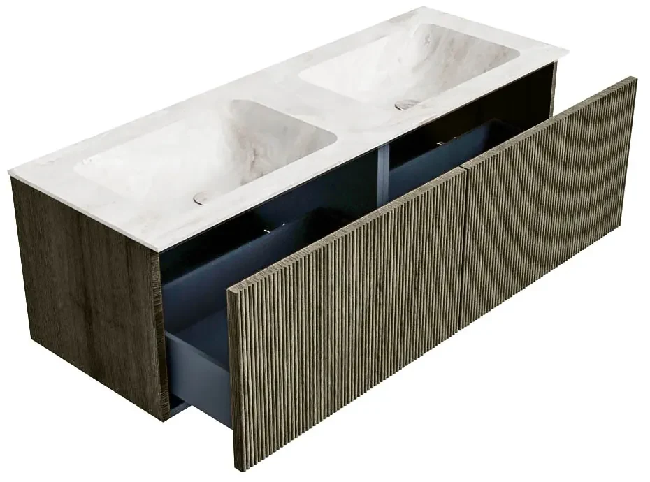Mondiaz Kurve-dlux 130cm badmeubel shadow met 2 lades en wastafel leaf dubbel zonder kraangat frappe