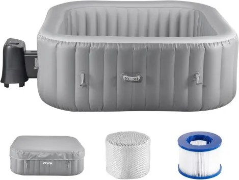 VEVOR Opblaasbaar bad voor 4 tot 6 personen (185 x 66 cm), vierkant en draagbaar, met 130 rustgevende jets, filter, afdekking, mat en multifunctioneel bedieningspaneel, PVC spabad buiten