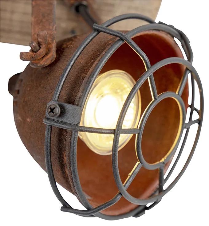 Industriële Spot / Opbouwspot / Plafondspot roestbruin met hout kantelbaar 3-lichts - Gina Industriele / Industrie / Industrial GU10 Binnenverlichting Lamp