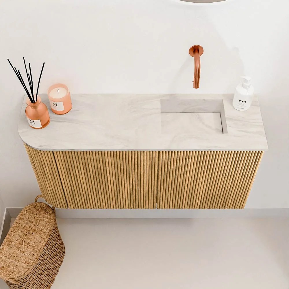 Mondiaz Joya DLux 80cm toiletmeubel ronding links oak met wastafel faye rechts zonder kraangat ostra
