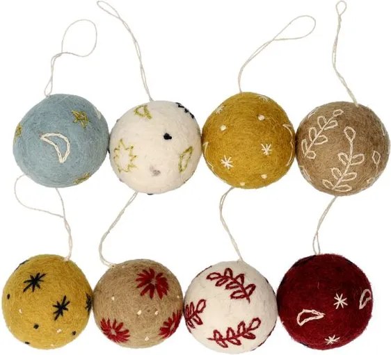 Kerstballen, vilt, met bloem, ster en maan, set van 8, Ø5 cm