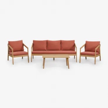 Tuinset Met 3-zitsbank, 2 Fauteuils En Salontafel Van Acaciahout En Gevlochten Touw Kaela Lichte Acaciekleur & Stof Terracota - Sklum