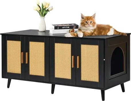 VEVOR Kattenbakbehuizing voor 2 katten, verborgen kattenbakmeubel met rotan-gedecoreerde deuren, houten kattenbakkast, past op de meeste kattenbakken, 119,4 cm L x 40,1 cm B x 55,6 cm H, zwart
